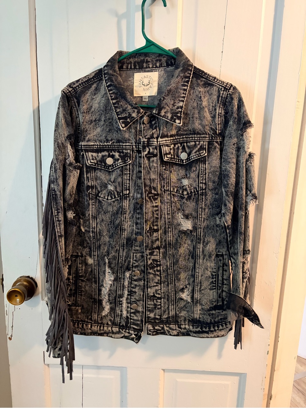 Wrangler Black Acid-Wash Distressed Denim Jacket with Fringe
